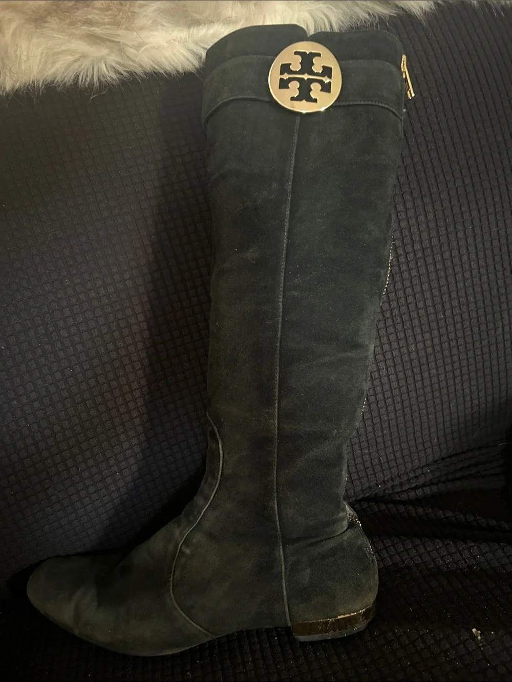 Tory Burch Black Suede Over-the-Knee Boot with Gold Logo Medallion